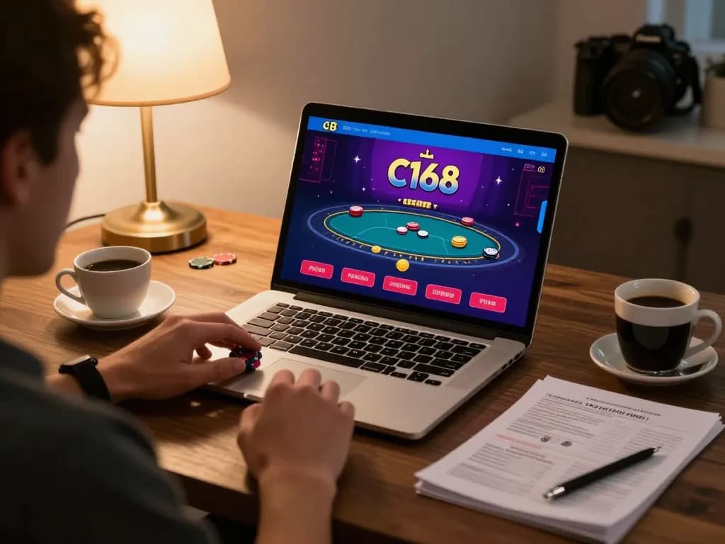 C168 online casino gaming setup with player engaged on laptop, showcasing strategic gameplay.