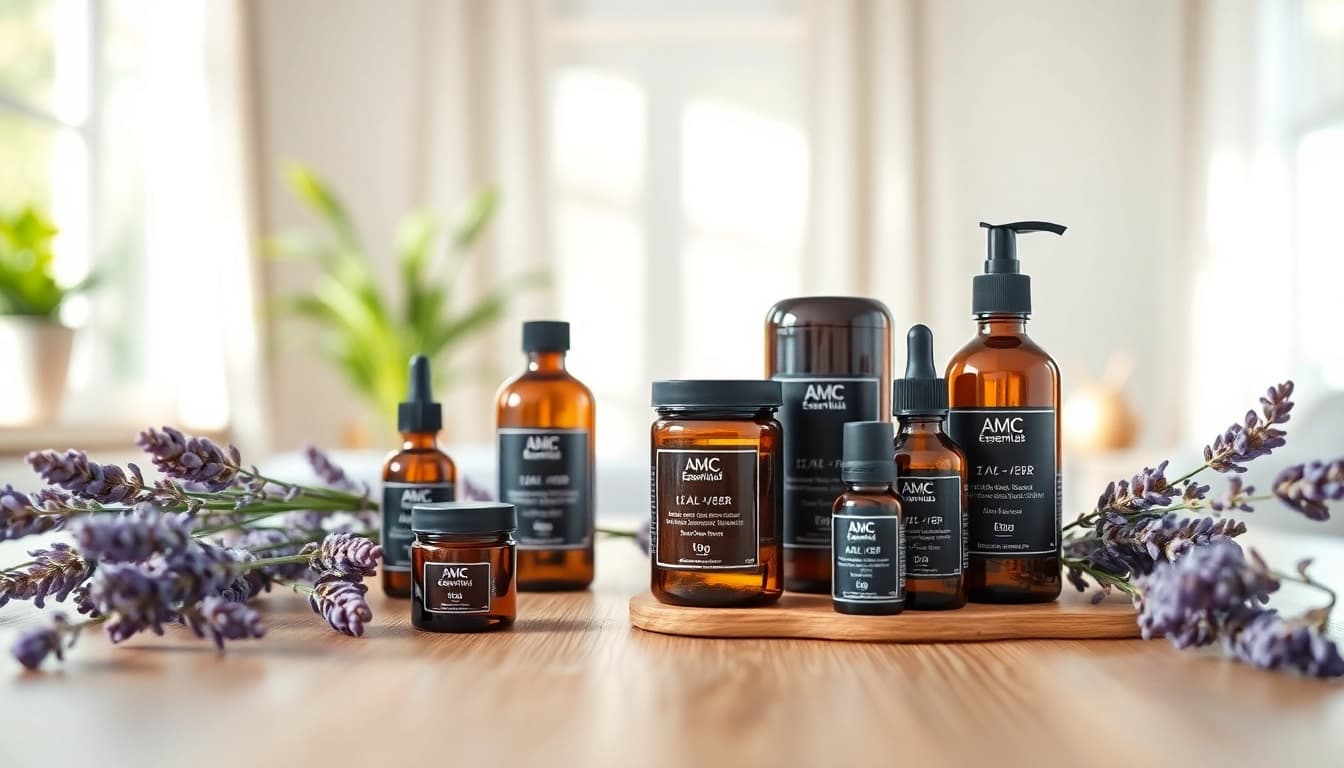 Experience AMC Essentials products in a tranquil aromatherapy setup with calming plants.