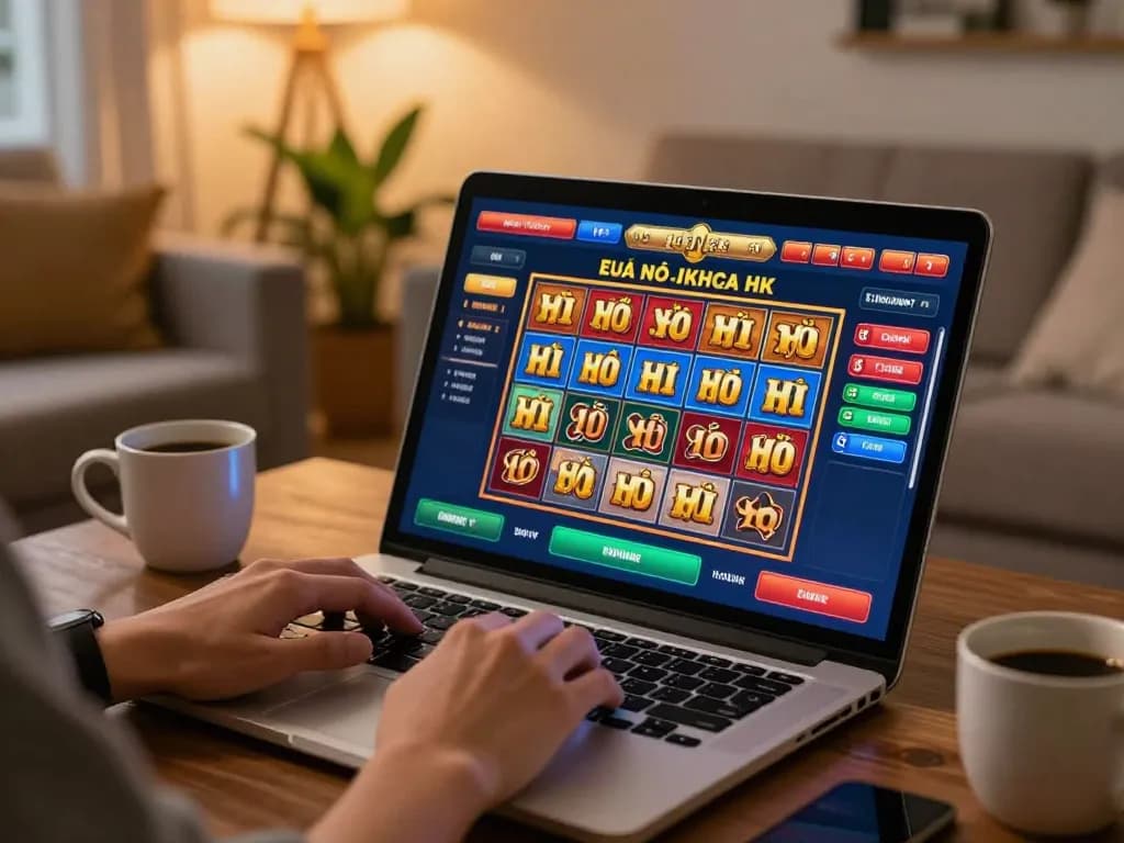 Engaging online gambling experience with nổ hũ slots visible on the screen during cozy home gaming