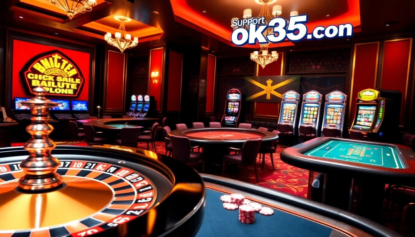 Engage in thrilling casino action at ok365.com, featuring a luxurious poker table and roulette wheel