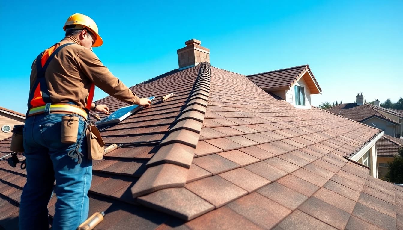 Engaged roofing contractor Walnut Creek installing shingles on a residential home.