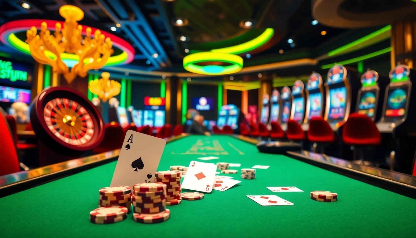 RR88 casino excitement with vibrant gaming tables, cards, and poker chips.