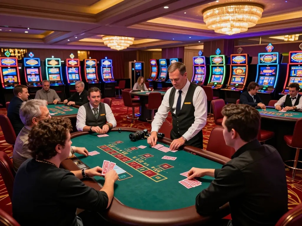 Players enjoying blackjack at 789club's luxury casino table with vibrant colors.