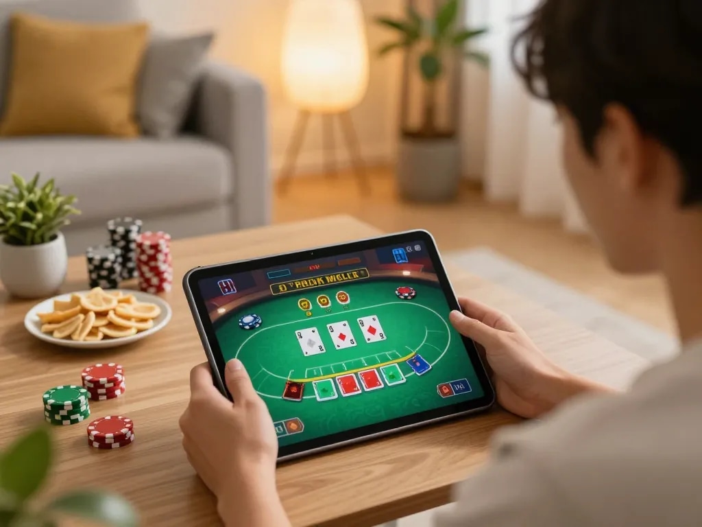 A player enjoying the 79sodo online casino poker game on a tablet in a cozy living room setting, emphasizing strategic gameplay.