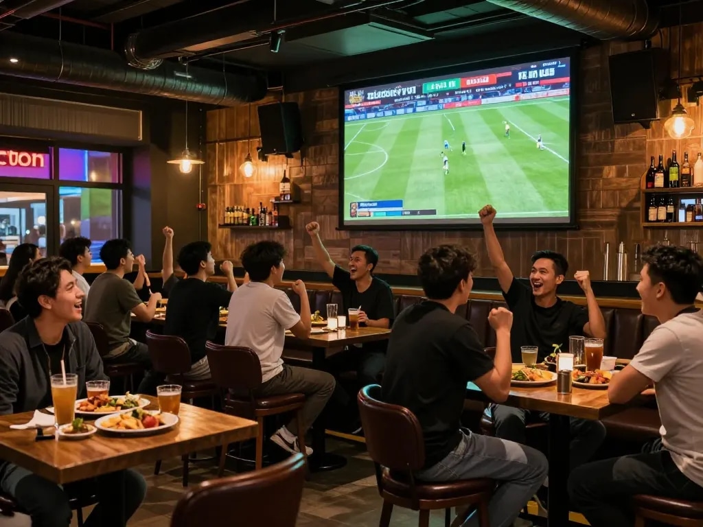Experience thrilling bóng đá trực tuyến viewing at a lively sports bar with fans engaged.