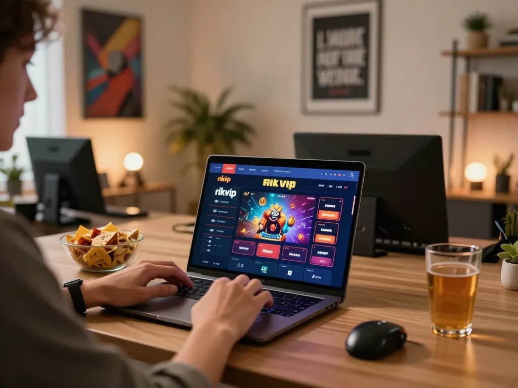 Engaging with rikvip online casino platform on a stylish home office setup.