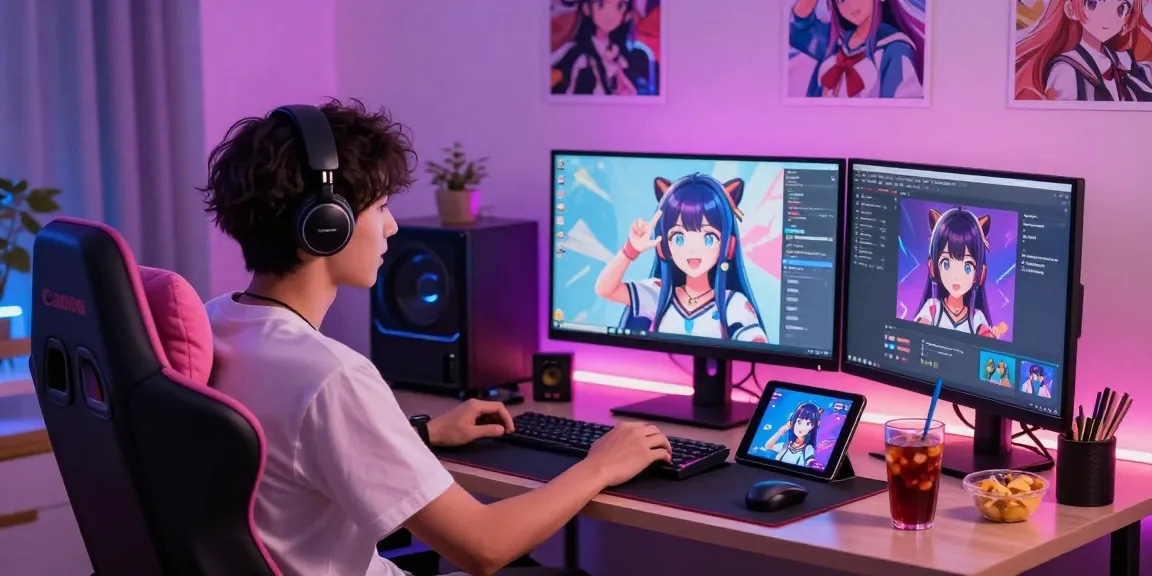 Engaging ecchi AI chat scene with colorful gaming setup and inviting atmosphere.