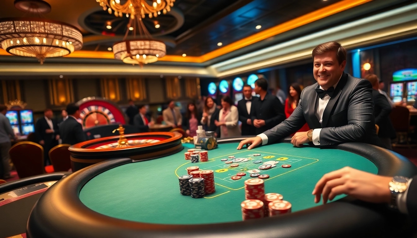 Players enjoying an exhilarating poker game at Good88, showcasing colorful chips and cards.
