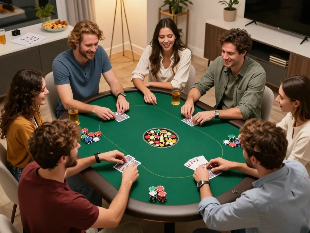 Players strategizing over poker at home game night, enhancing their skills with go88vv.
