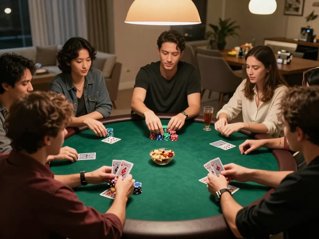 Players strategizing their bets during a lively poker game at home, experiencing RR88 SELECT.