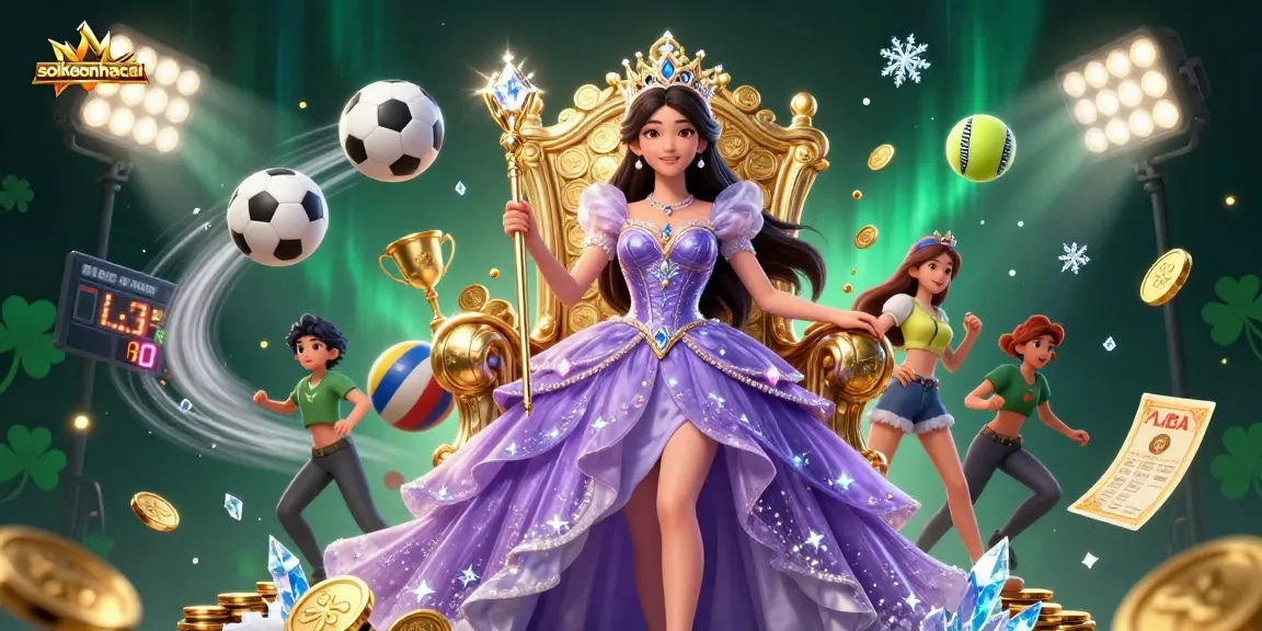 Betting on sports made engaging with soikeonhacai depicting a magical scene of a beautiful woman amidst dynamic sports elements.