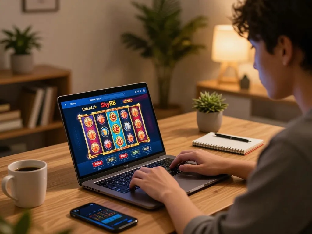 Engaging with Link nhà cái Sky88 during an online gaming session, showcasing a lively slot game interface.