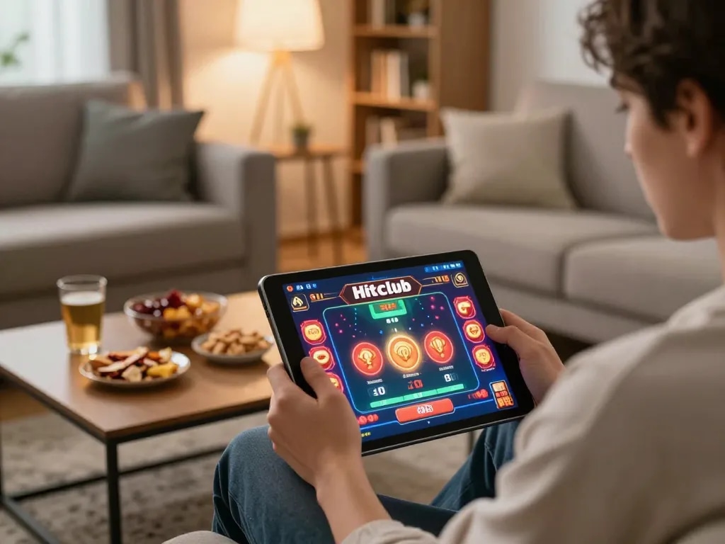 Engaging player enjoying Hitclub on tablet amidst cozy home environment with snacks.