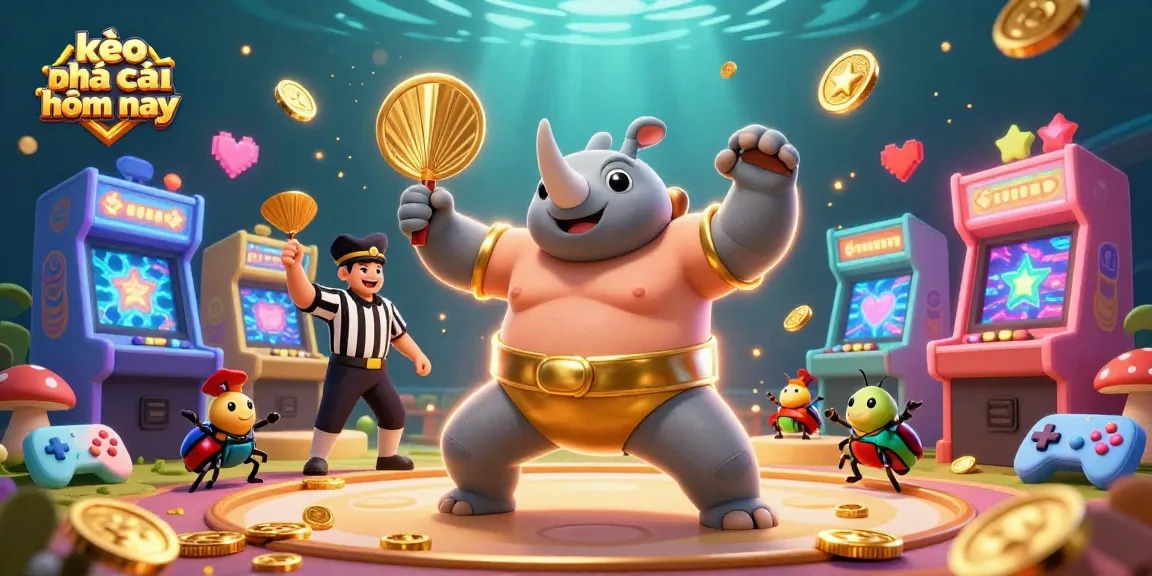 Experience thrilling action with kèo nhà cái hôm nay, featuring a sumo beetle champion amid dynamic casino elements.