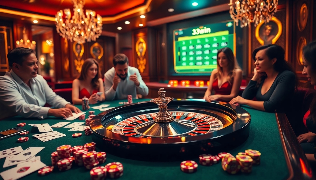 Engaged players at a luxury gaming table represent the excitement of nhà cái 33win and thrilling gambling moments.
