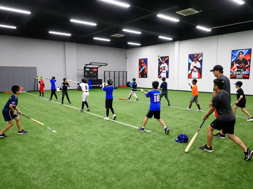 Hitclub baseball training session showcasing young athletes practicing swings and teamwork in an indoor facility.
