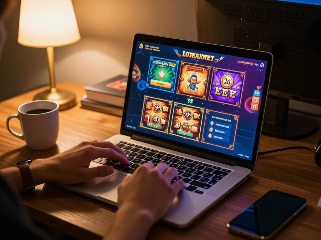 Engaging slot bonus gameplay interface visible on a laptop screen, person seated comfortably for online gaming.