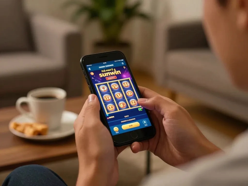 Player engaging in online gambling on nhà cái sunwin app, showcasing excitement in a cozy home environment.