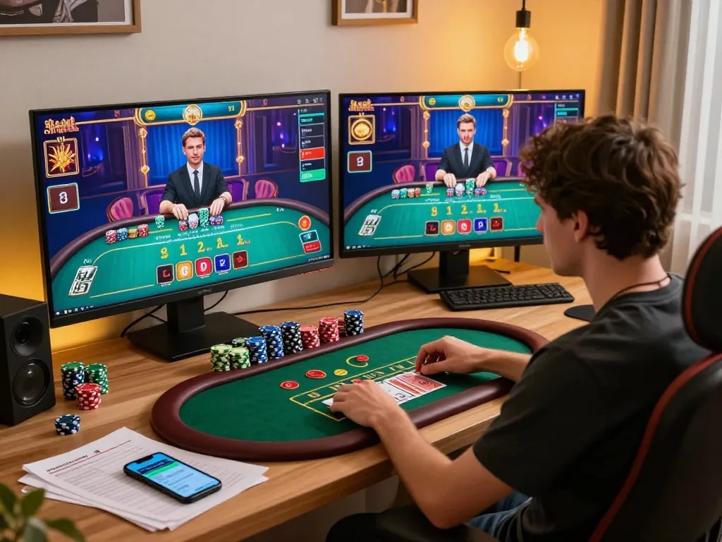 Join LODE88 in an engaging online blackjack session, highlighting strategy and excitement in a cozy gaming setup.
