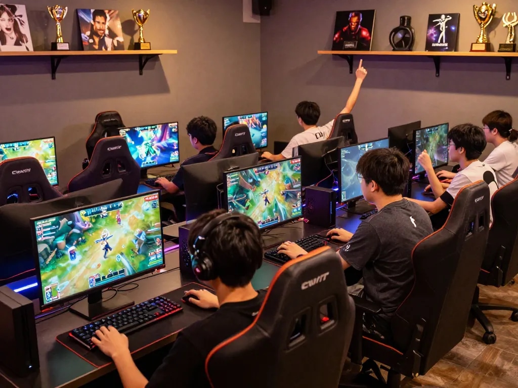 Engaged players in a vibrant CWIN online gaming hub celebrating their wins.