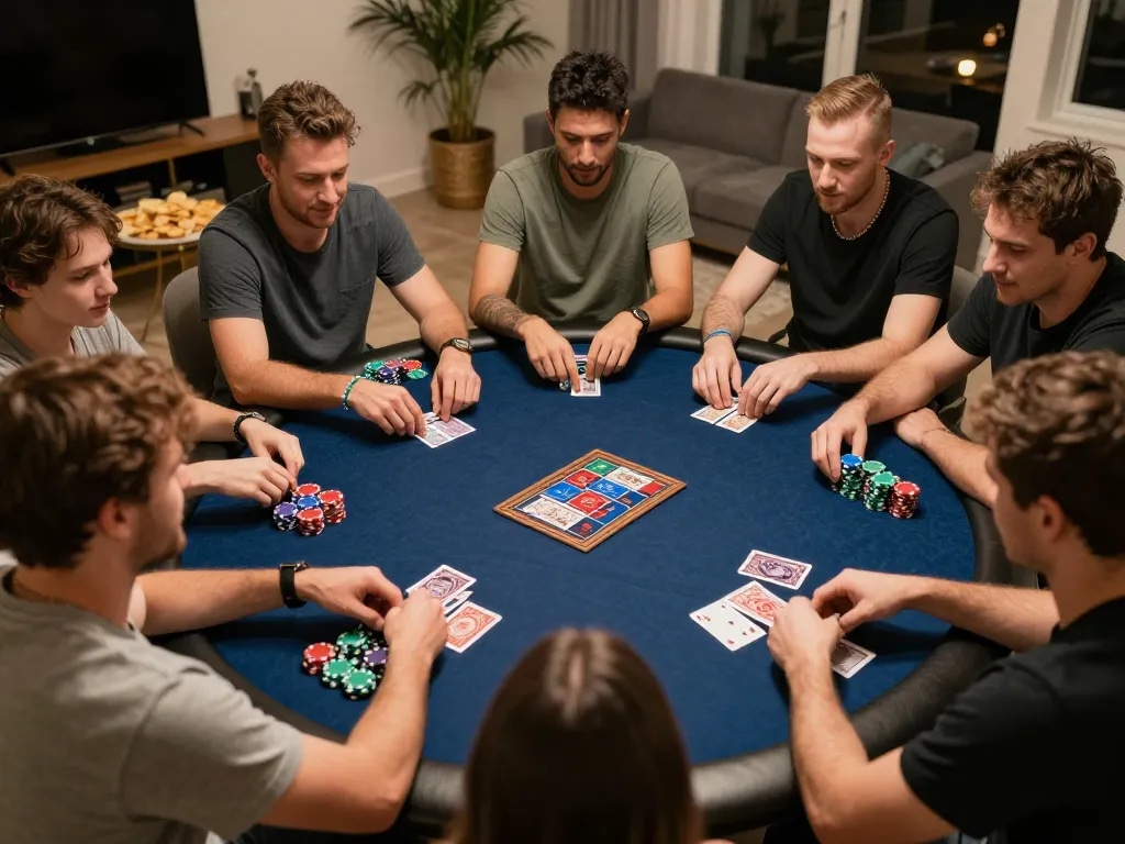 Friends enjoying an engaging poker night while using icm88 gaming chips and cards.