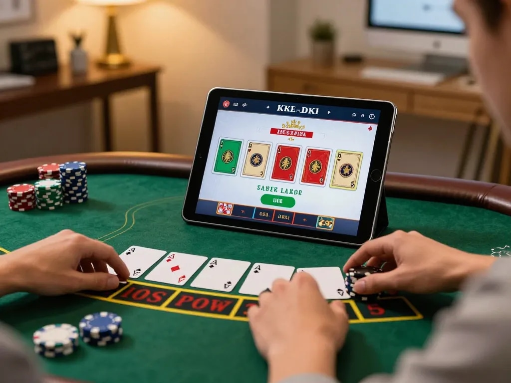 Link nhà cái Vk88 displayed on tablet during an engaging live blackjack session at home.