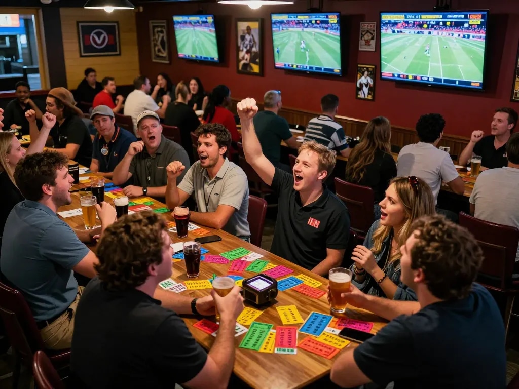 Engaged sports bettors using 90phut app to place wagers while watching live games in a vibrant bar setting.