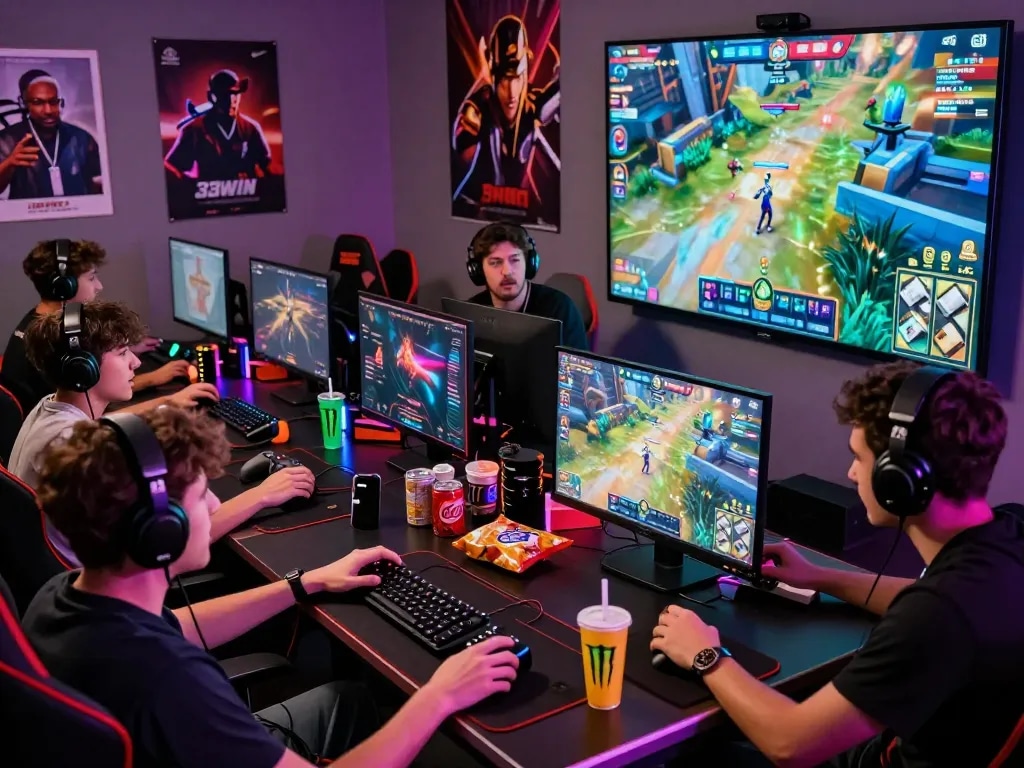 Group of friends enjoying a thrilling 33win gaming experience in a vibrant, illuminated room.