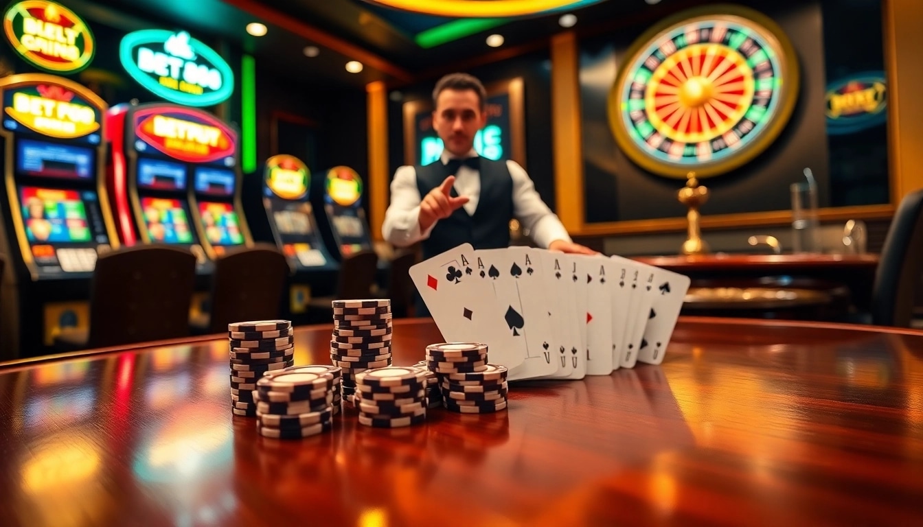 Bet88 casino scene with poker chips and a roulette wheel, showcasing excitement.