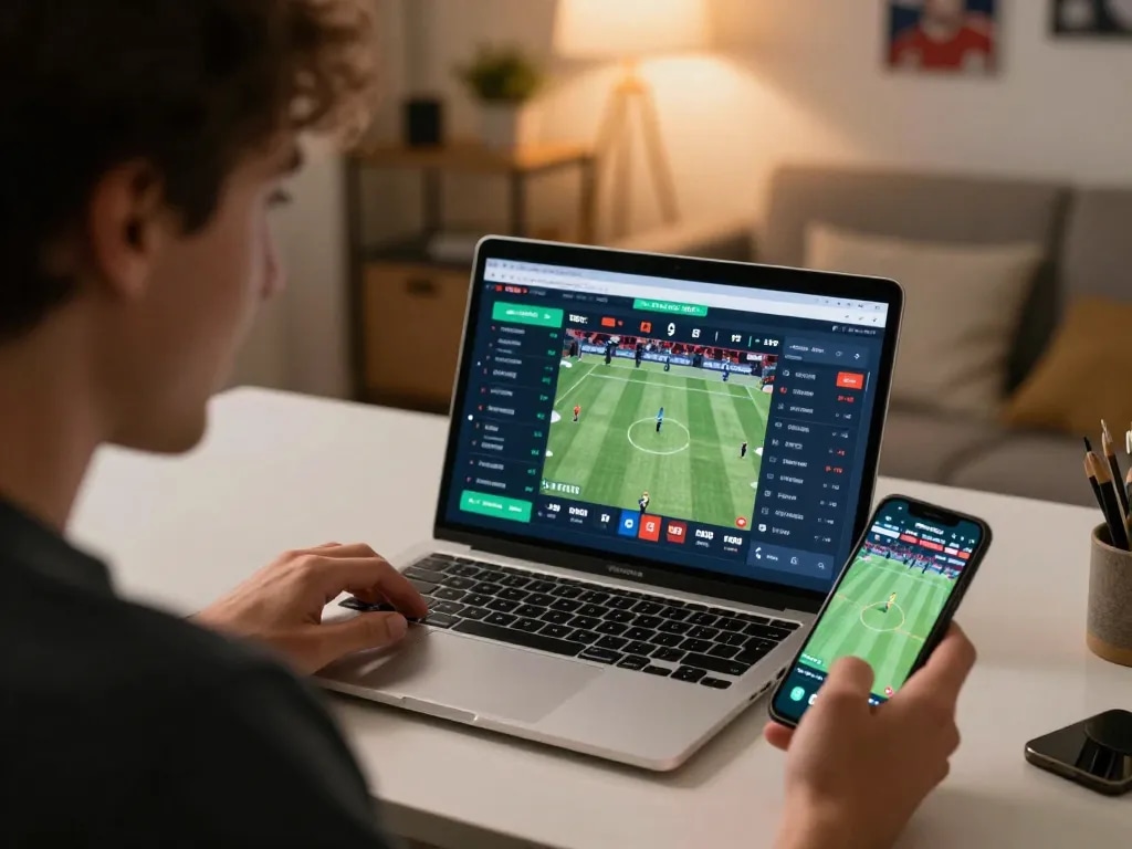 Link nhà cái Vin88 shows an enthusiastic bettor using a smartphone for live sports betting.