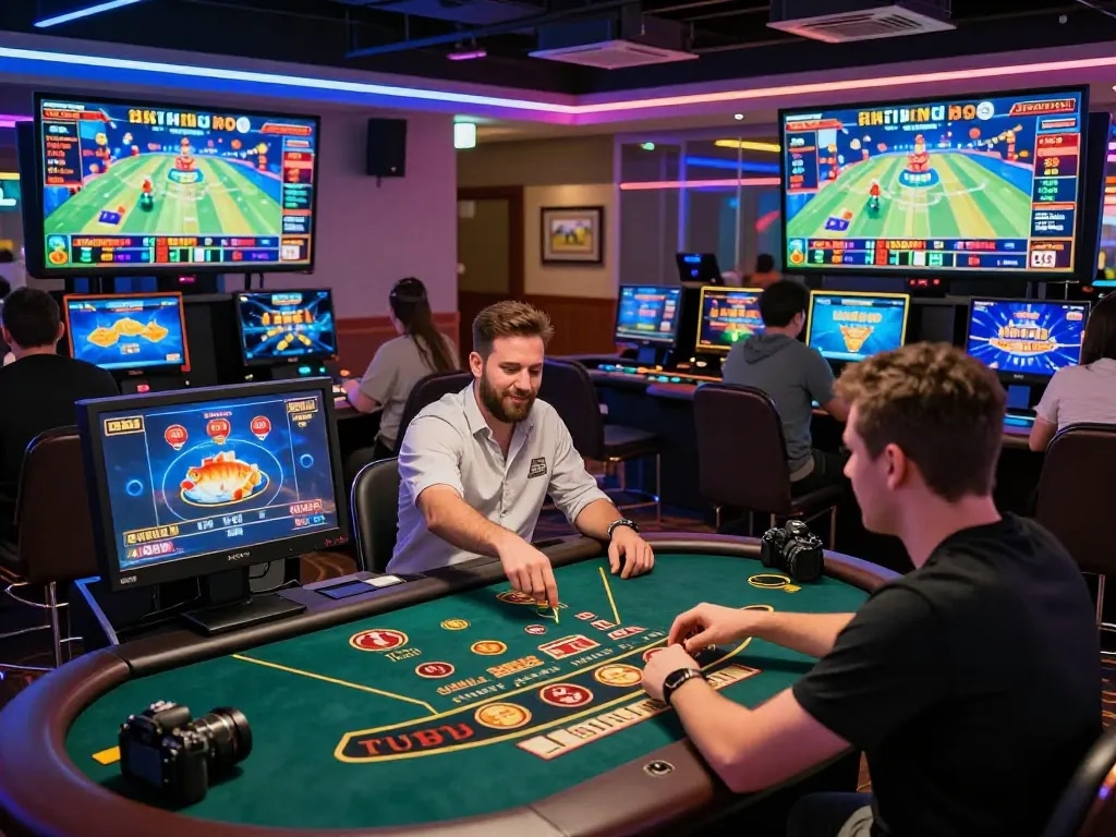 8KBET online gambling experience with players enjoying vibrant casino games and interactive layouts.