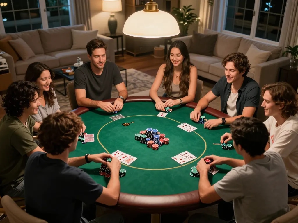 RR88 NAVY poker game night with friends showcasing vibrant chips and strategizing