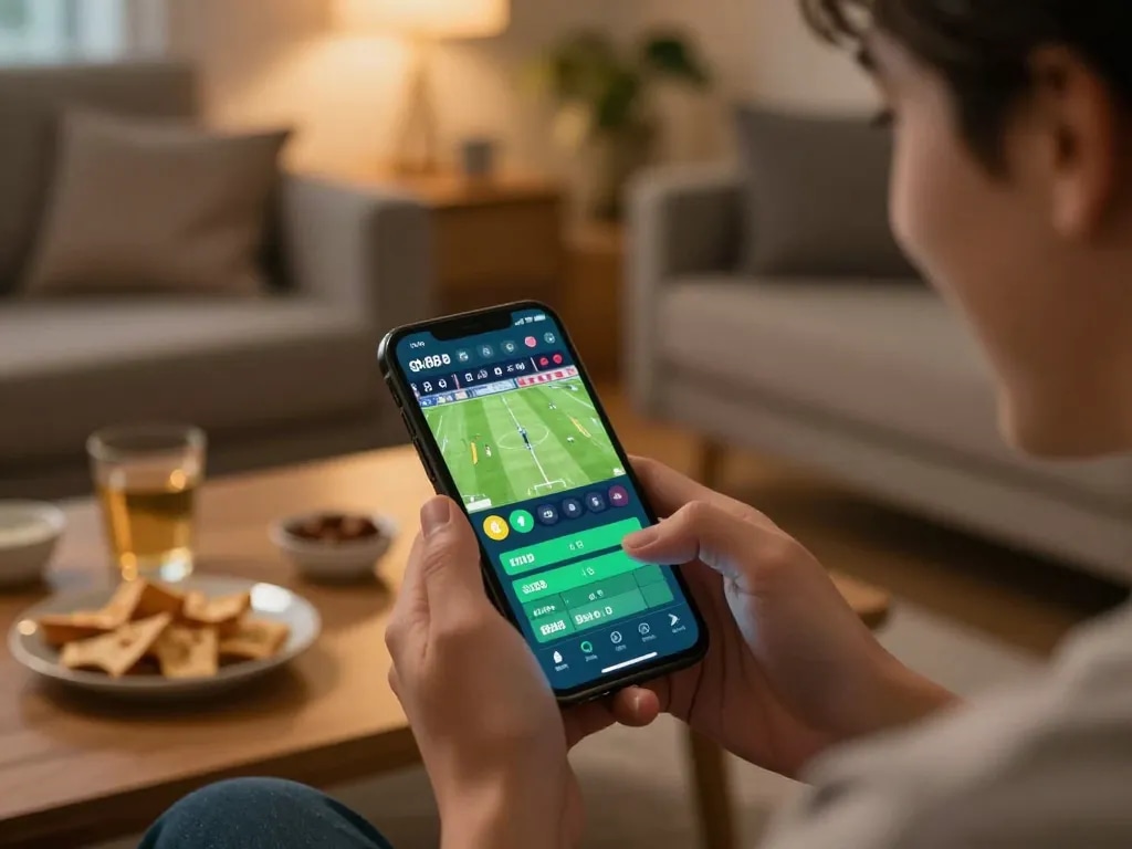 Person engaging with gk88 app for live sports betting, showcasing excitement in a home setting.