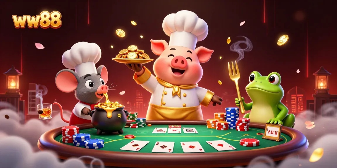 Experience the excitement of ww88 with dynamic 3D characters serving gold coins in a vibrant casino scene.