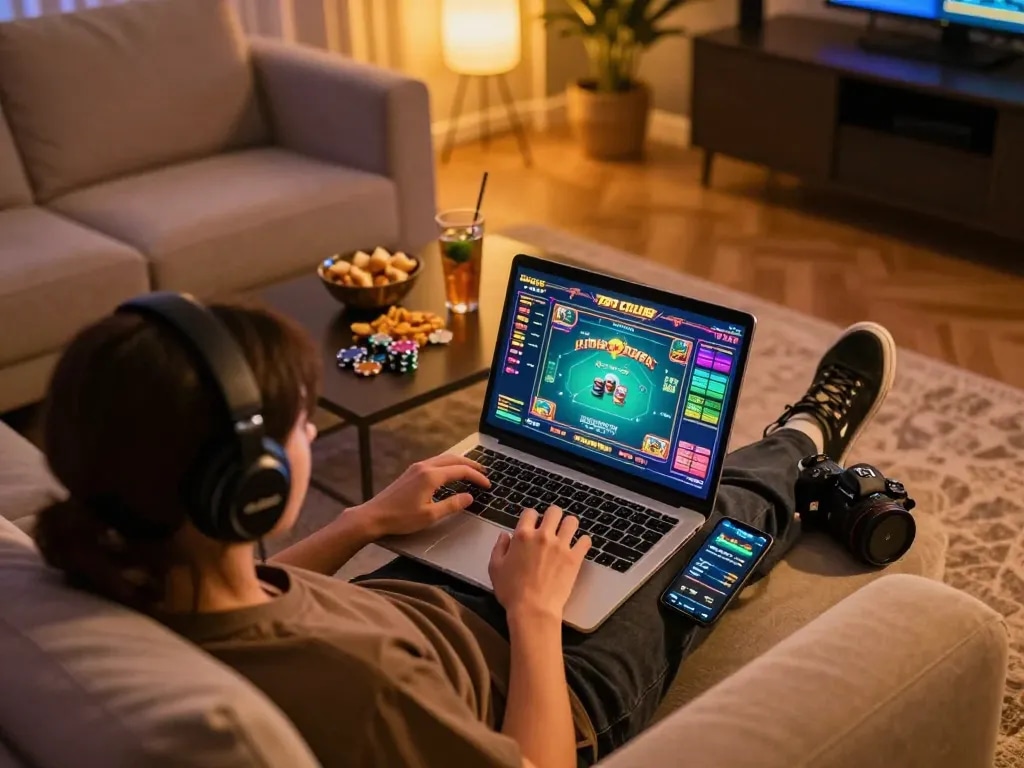 Engaging in an online game session at 789 CLUB with vibrant laptop interface displayed and cozy surroundings.