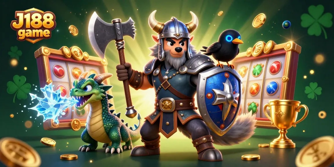 Play the thrilling J188 game with the animated Viking wolf warrior and ice dragon in a vibrant casino scene.