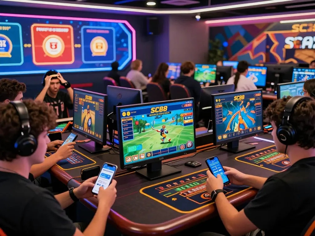 Dynamic gaming scene with diverse players enjoying nhà cái SC88 platform on smartphones and tablets.