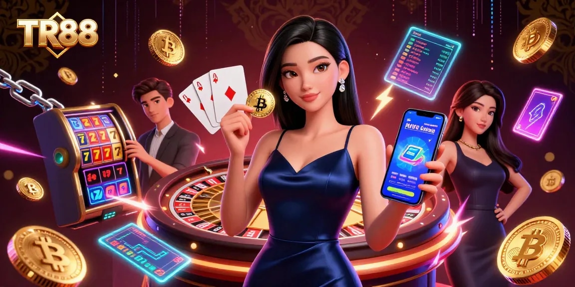 Experience exhilarating gameplay at TR88 with slot reels and casino elements in a vibrant illustration.