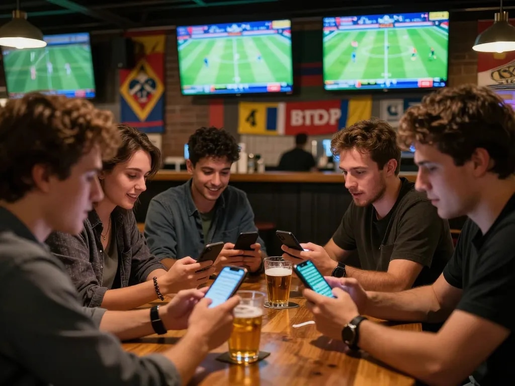 Engaged friends analyzing nhận định bóng đá strategies at a lively sports bar.