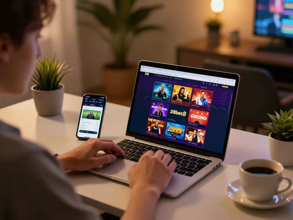 Engaging with 28bet8 online casino on laptop while enjoying a comfortable home setup.