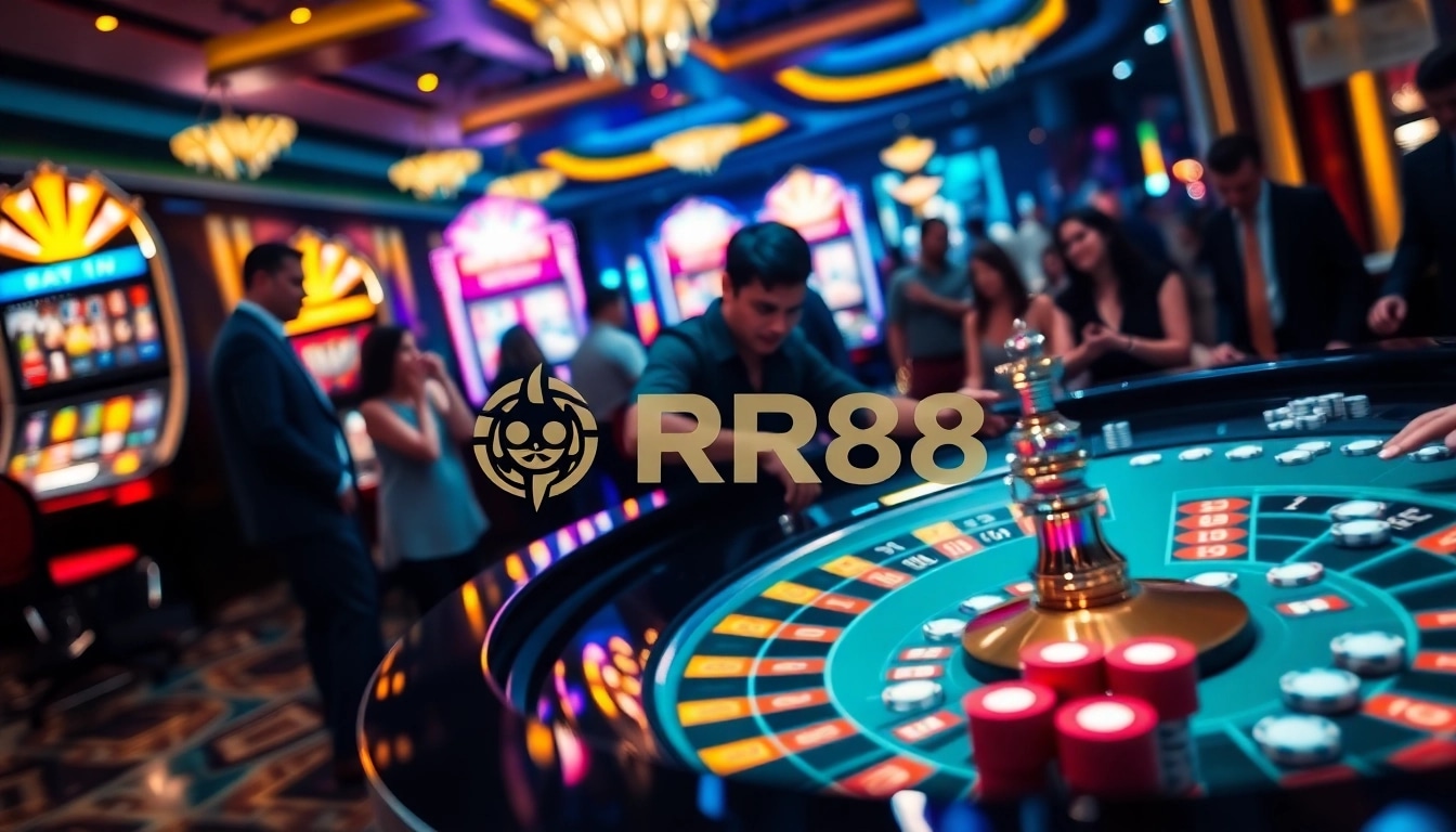 Experience the thrill of RR88 with vibrant casino visuals featuring roulette and slot games.