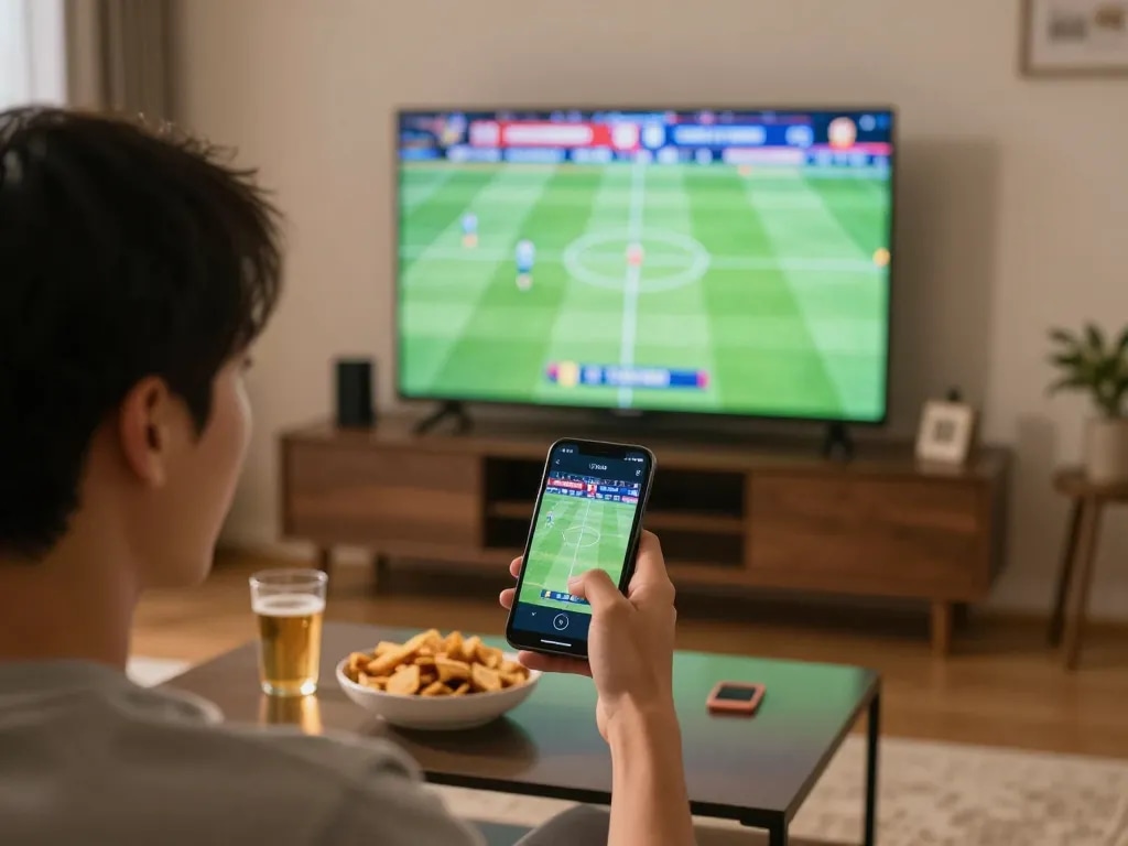 Person engaged in bóng đá trực tuyến betting action, checking odds on smartphone while watching live match