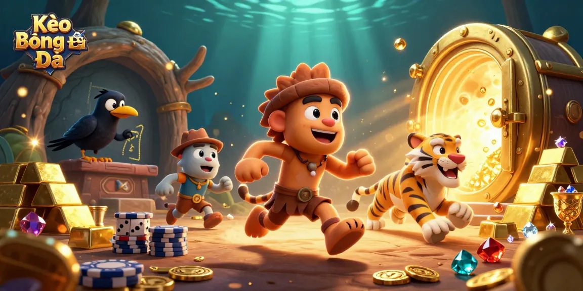 Kèo Bóng Đá showcases a vibrant prehistoric casino scene with a caveman duo and treasures.