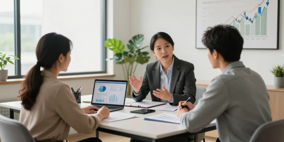 Financial advisor discussing retirement income with clients in a professional office setting.