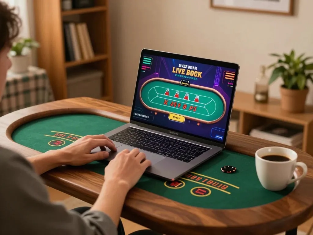 Engaging player enjoying live dealer games at Nhà cái FC88's online casino, highlighting strategic gameplay and cozy atmosphere