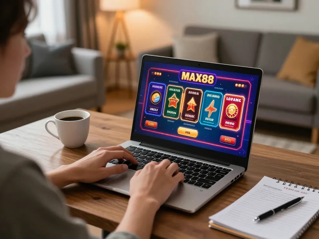 MAX88 user engaging with vibrant online casino games on a laptop in a cozy home setting.