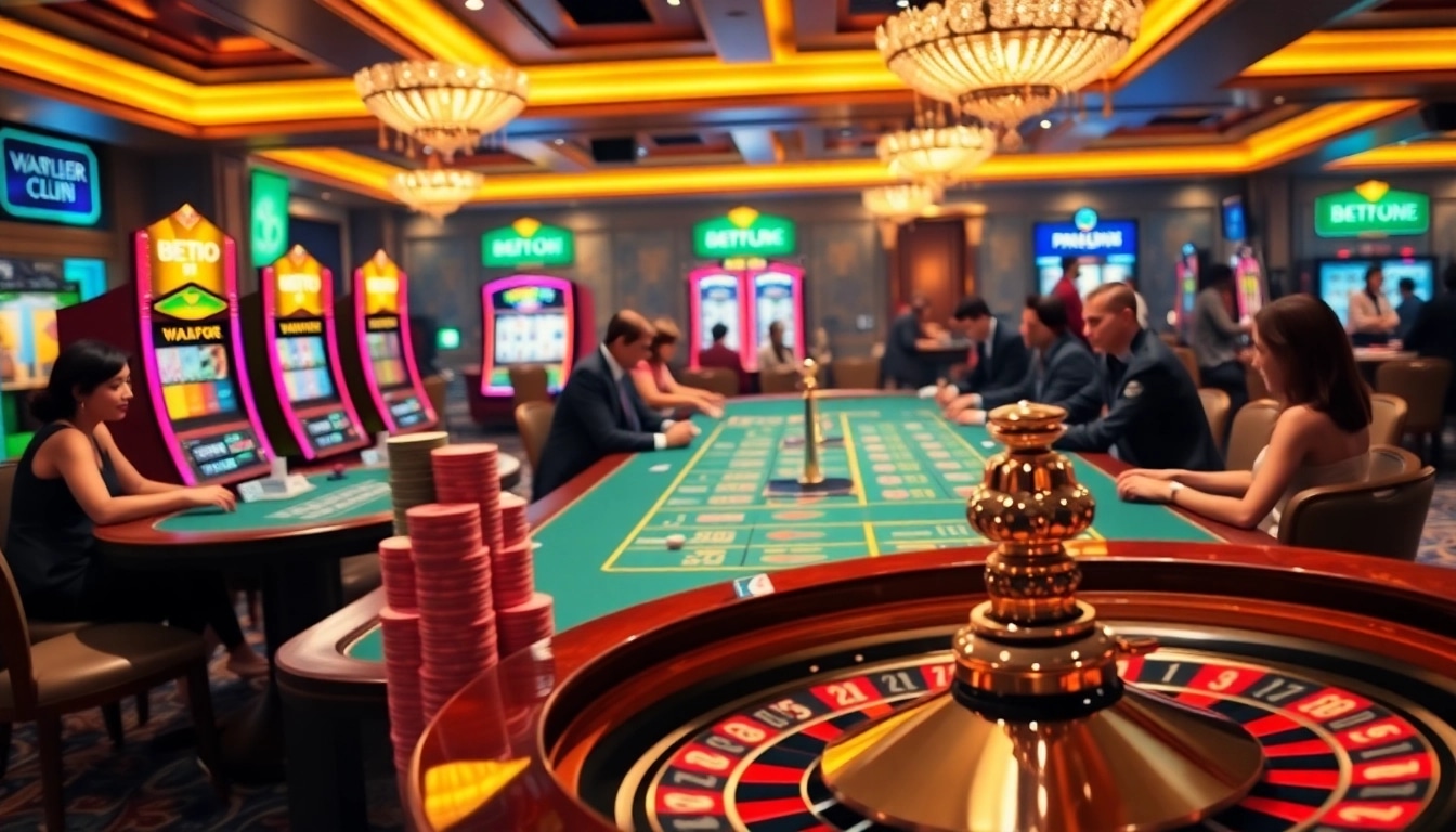 Experience the thrilling world of Bet88, featuring vibrant casino tables and enthusiastic gamblers in a luxurious setting.