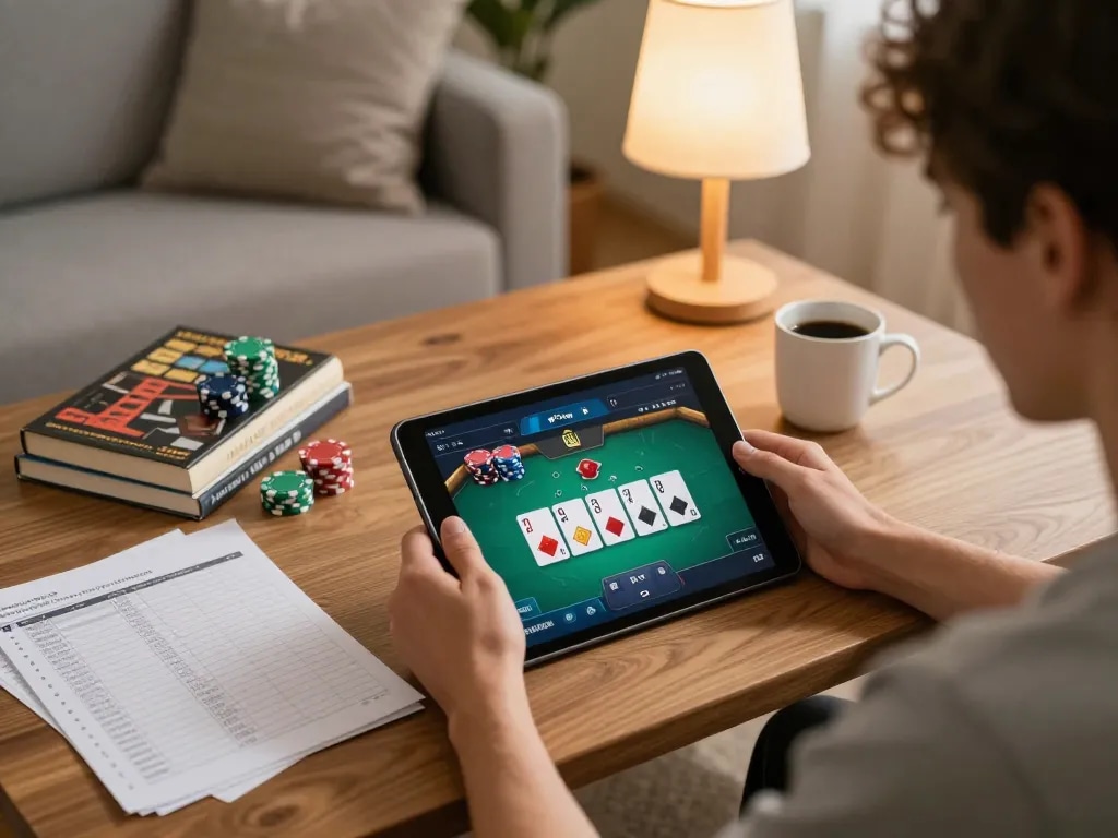 Player enjoying online poker on tablet at home, highlighting gem88 gaming strategy setup.