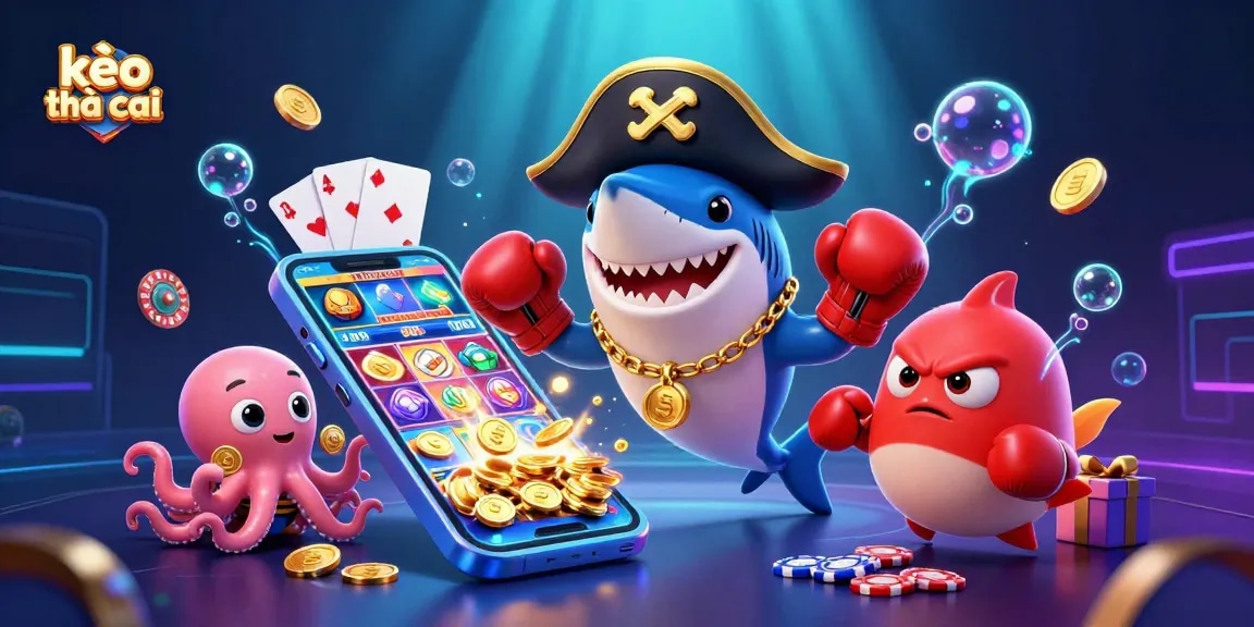 Engage with kèo nhà cái through a vibrant scene of a pirate shark and friends celebrating casino winnings.