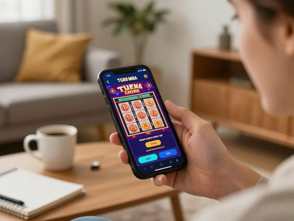Engaging scene of a user interacting with the TG88 MBA mobile casino app for exciting gambling experiences.